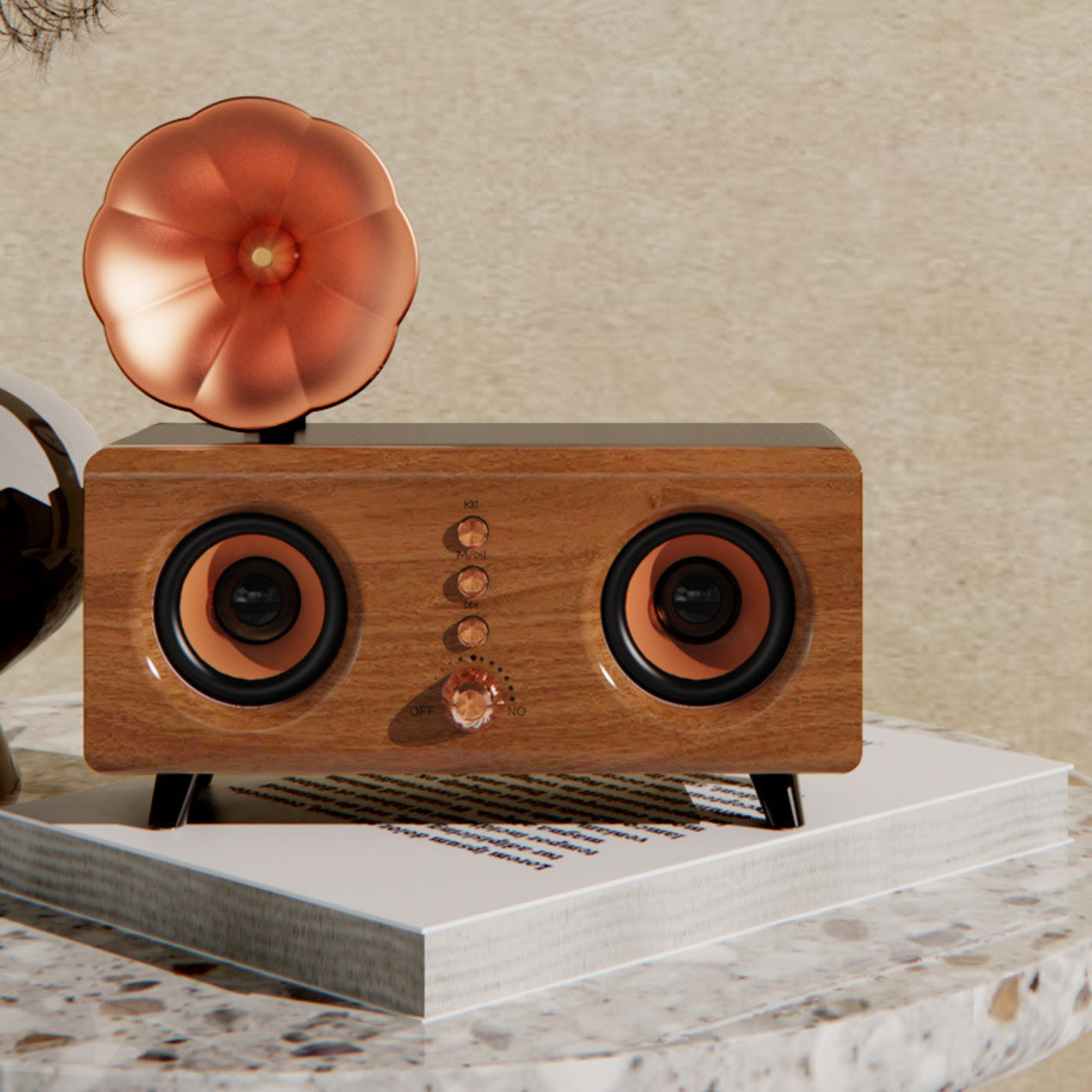 Vintage gramophone-style Bluetooth speaker with wooden body, dual front speakers, and copper horn, blending retro charm with modern wireless sound.