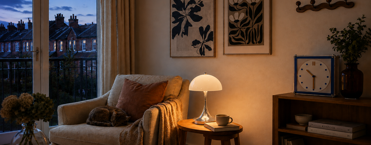 Cosy UK living room with warm table lamp, framed artwork and statement clock for softer autumn evenings