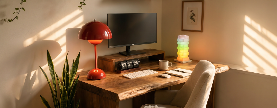 Warm home office desk with retro flip clock, red table lamp, computer screen, plants and colourful accent lighting for stylish everyday timekeeping.