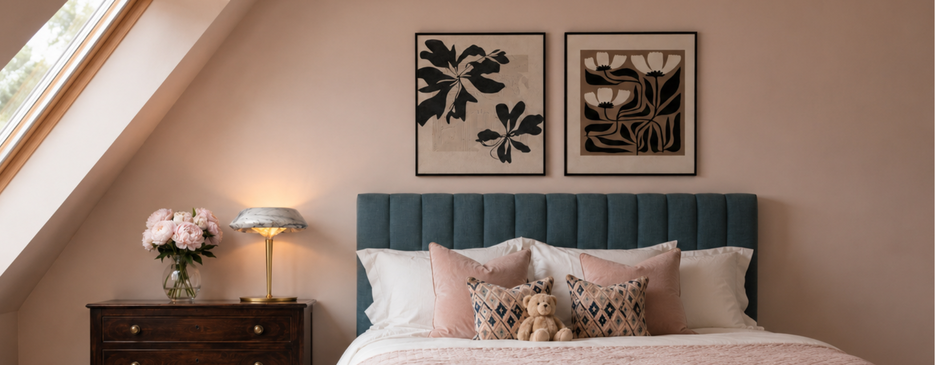 Cosy bedroom with framed botanical artwork above a blue bed, soft pink bedding, warm bedside lamp and flowers for a calm, styled home mood.