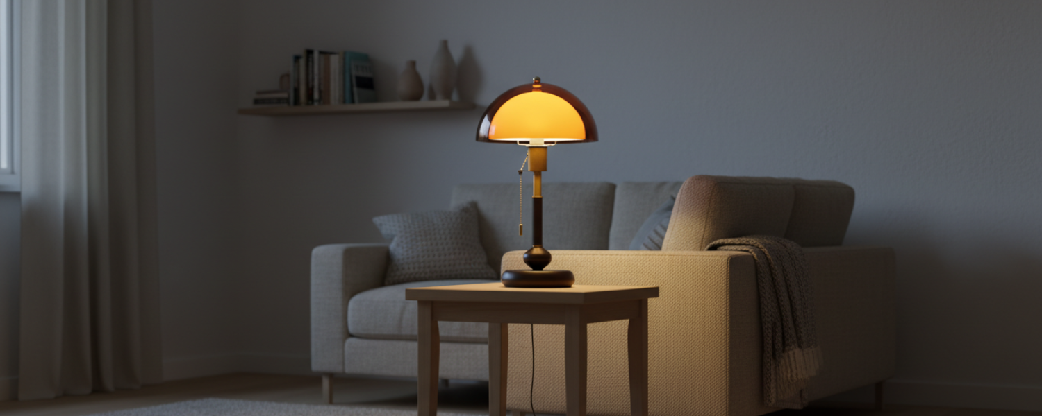 Warm table lamp placed at the centre of a UK living room in the evening, softly lighting a neutral sofa and creating a calm, lived-in atmosphere