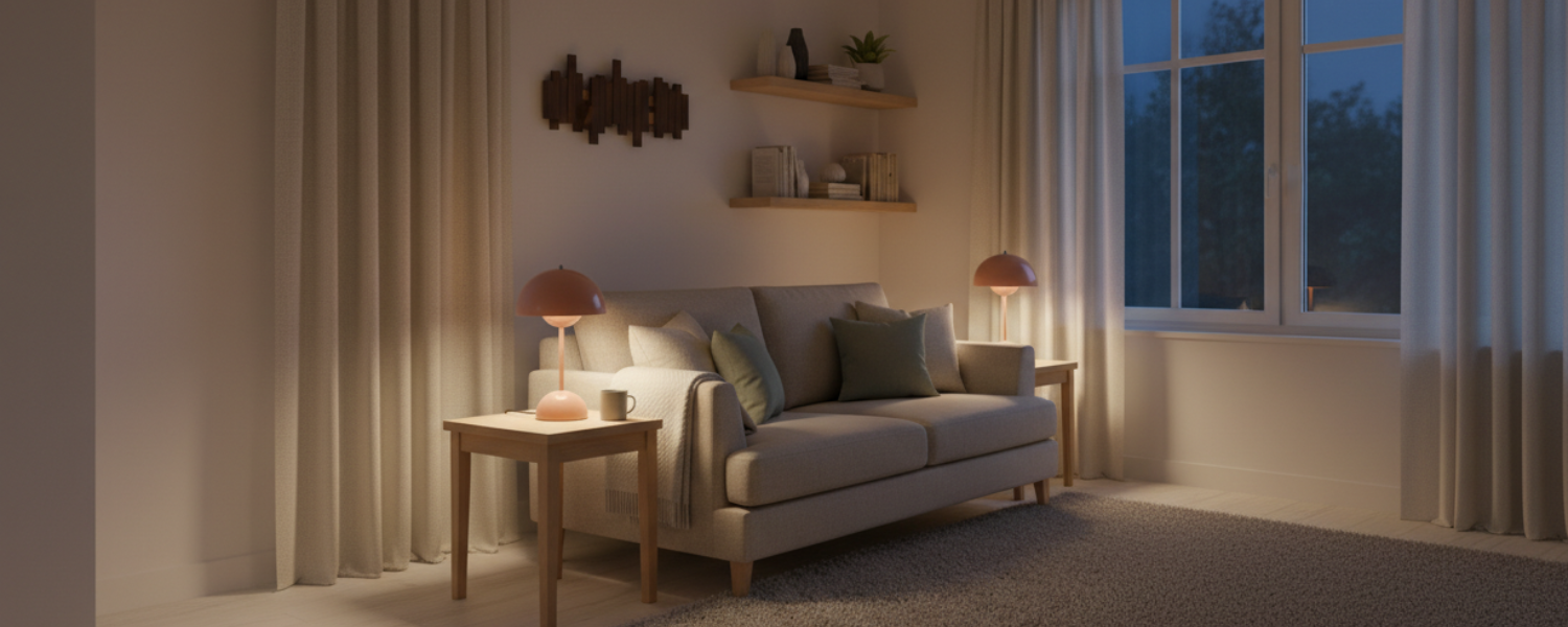 Cosy UK living room in the evening with layered warm lighting from two table lamps, creating a calm and lived-in atmosphere