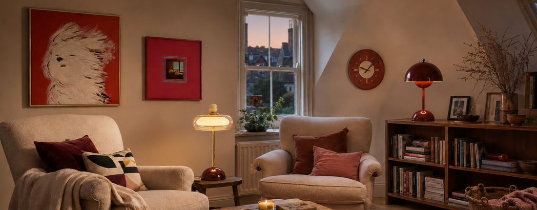 Cosy British-style living room with warm neutral furniture, wooden textures, ambient lighting and carefully placed red lamps, artwork and accessories.