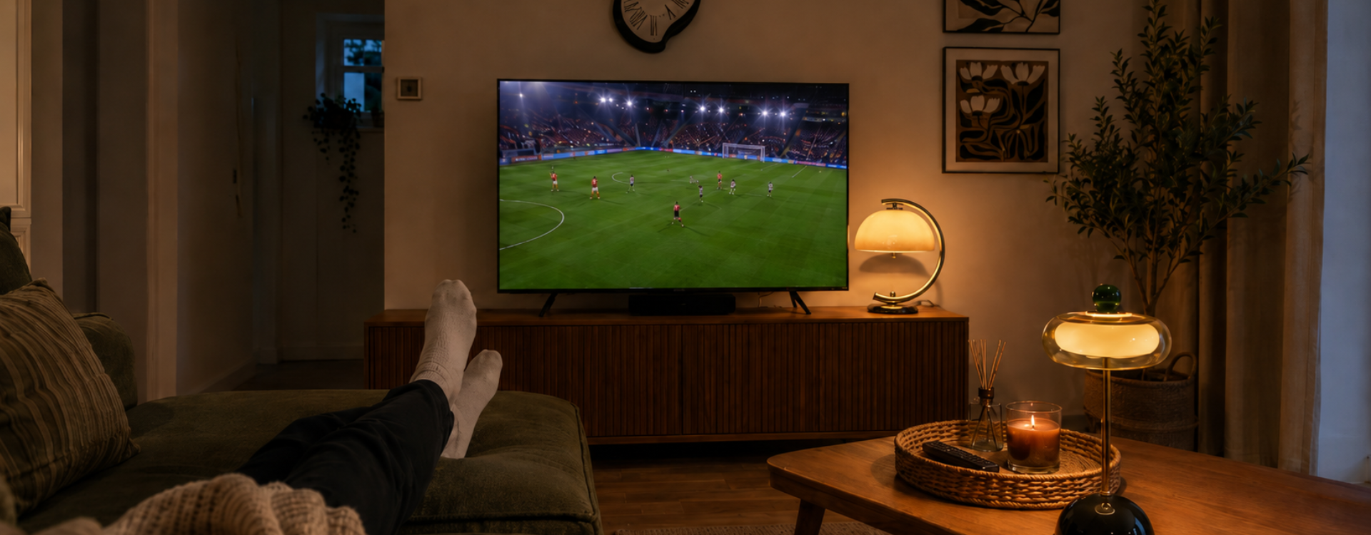 Cosy UK living room with soft warm lamps, a visible wall clock and football on TV for a quiet late-night World Cup match at home.