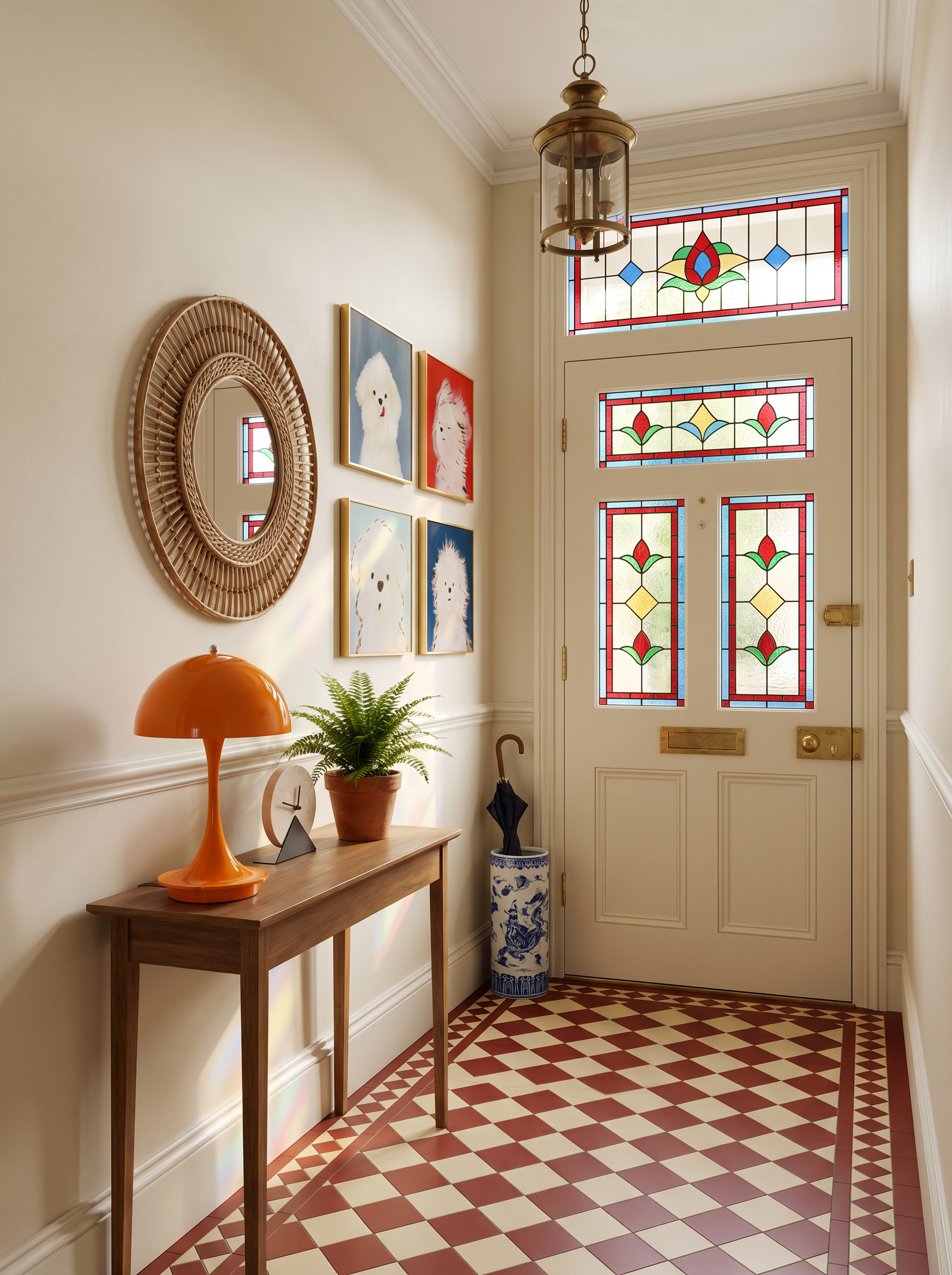 Warm UK hallway with framed botanical-style wall art, dark wood sideboard, coat hooks, woven basket, soft table lamp, neutral walls and cosy entryway styling.