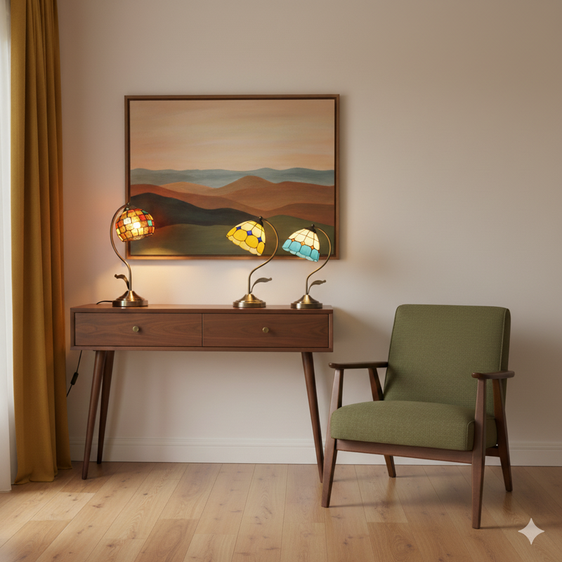 KaShi Living Golden Glow Trio stained glass table lamp collection with three retro mosaic lamps in amber, turquoise, and golden tones on a mid-century wooden console, cosy affordable luxury home décor UK.