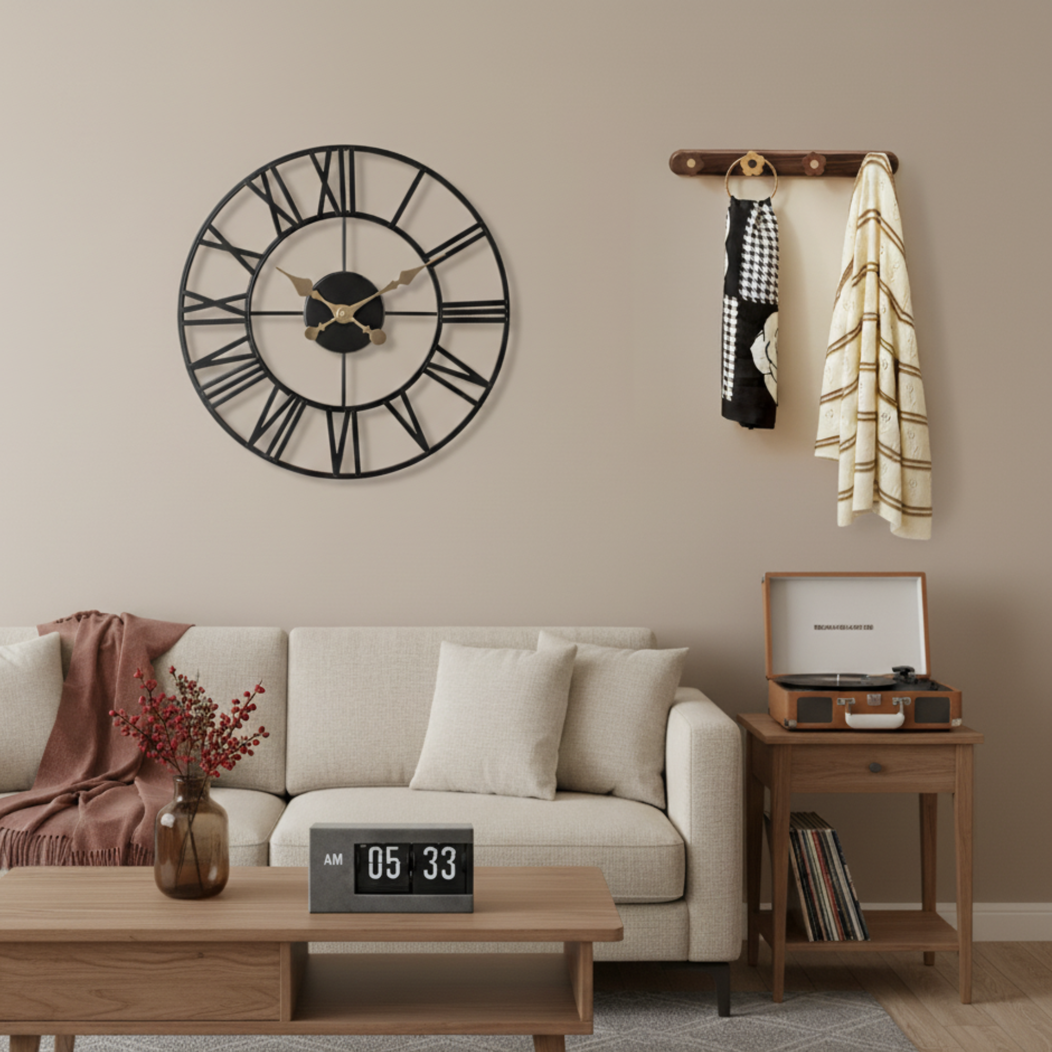 home accents and organisers with wall mounted metal clock, hook holding clothing, table clock ticking
