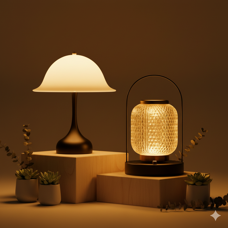 KaShi Living Hygge Glow Duo lamp set featuring a retro mushroom table lamp and a woven lantern lamp with warm glow, Scandinavian minimalist lighting for cosy UK homes and renters.