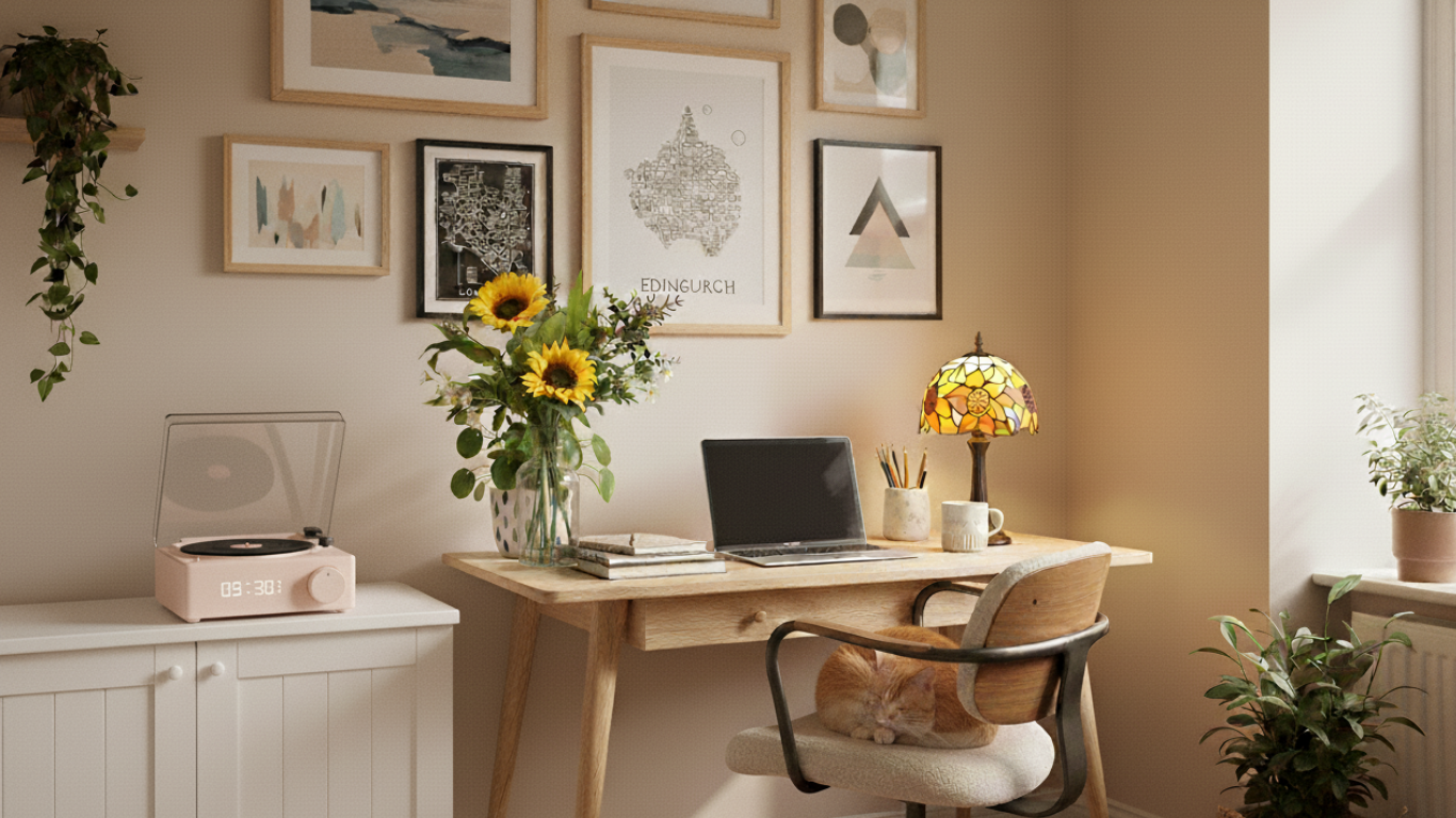 Warm Scandinavian-retro home office with a wooden desk, sunflowers in a glass vase, a glowing stained-glass lamp, vintage pink record player, and cosy cat on a chair — styled by KaShi Living