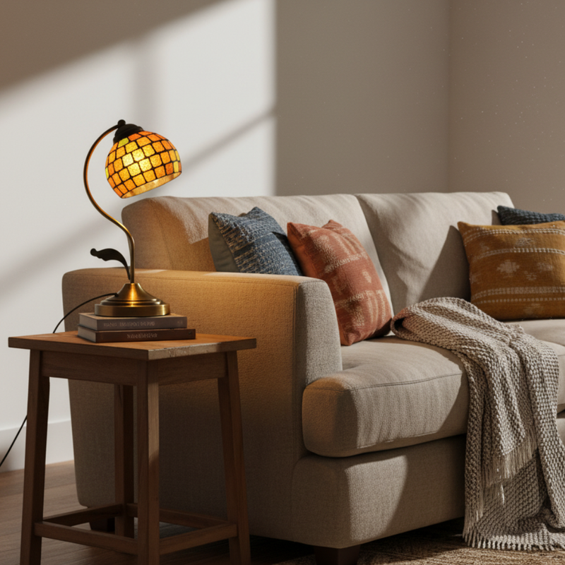 Warm table lamp glowing beside a sofa in a calm UK living room during early evening