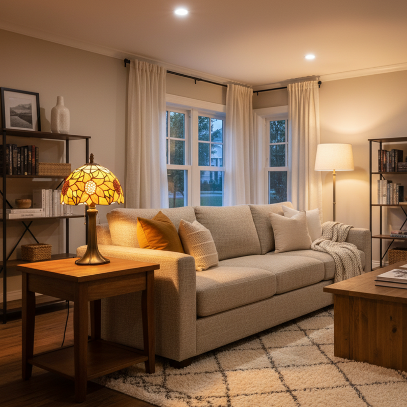 Statement table lamp anchoring the mood of a UK living room in the evening