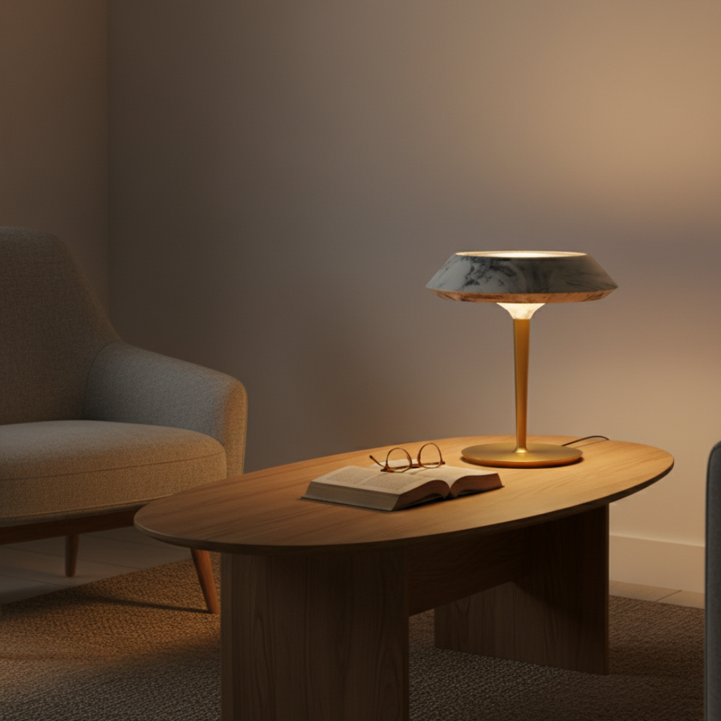 Signature sculptural lamp casting a soft pool of light in a calm UK living room at night