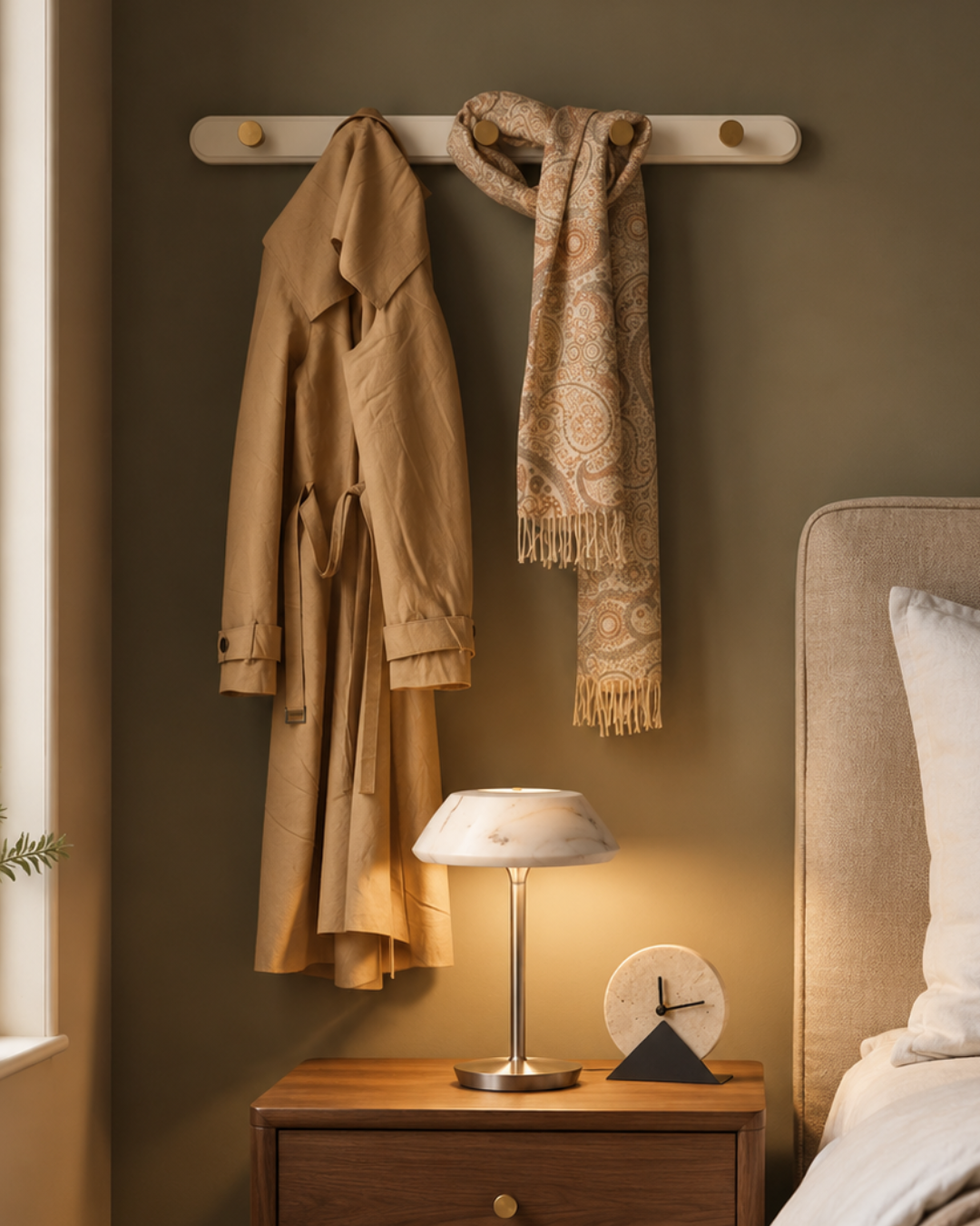 White wall-mounted coat hook rack styled with a beige trench coat and patterned scarf above a bedside table in a warm, modern UK bedroom.