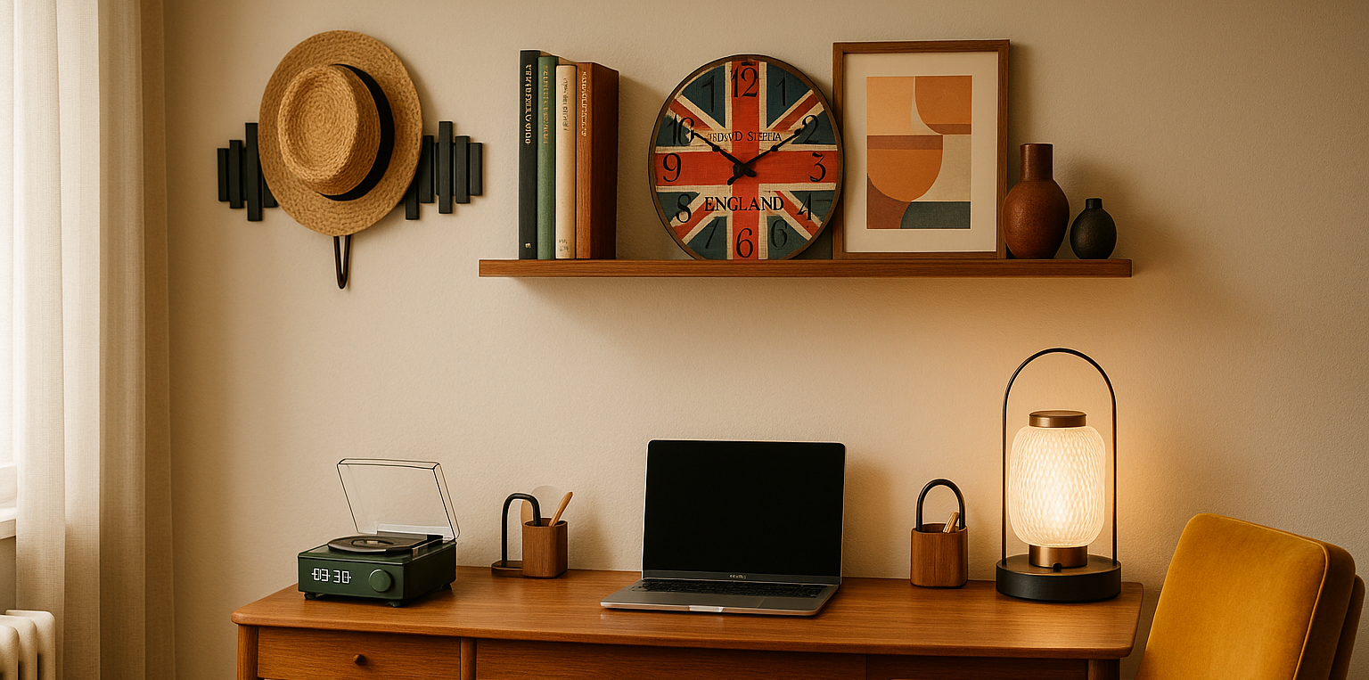 KaShi Living Scandi Luxe Collection home office setup with wooden desk, laptop, woven lantern lamp, Union Jack wall clock, modern art prints, and retro décor accents for stylish UK renters and homeowners.