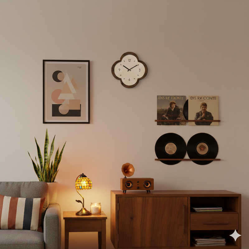Mid-century living room with a glowing stained-glass lamp, wooden cabinet, and retro speaker. Warm lighting creates a calm, stylish, and nostalgic atmosphere.
