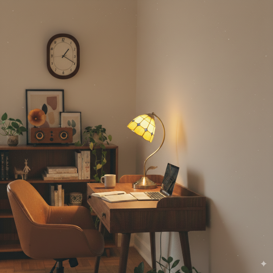 Warm home workspace featuring a vintage-style stained glass lamp, mid-century wooden desk, and cosy chair – KaShi Living’s serene glow for modern living