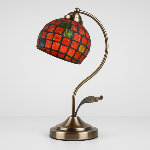 Tiffany-inspired stained glass lamp with bronze base, artistic multicolour design