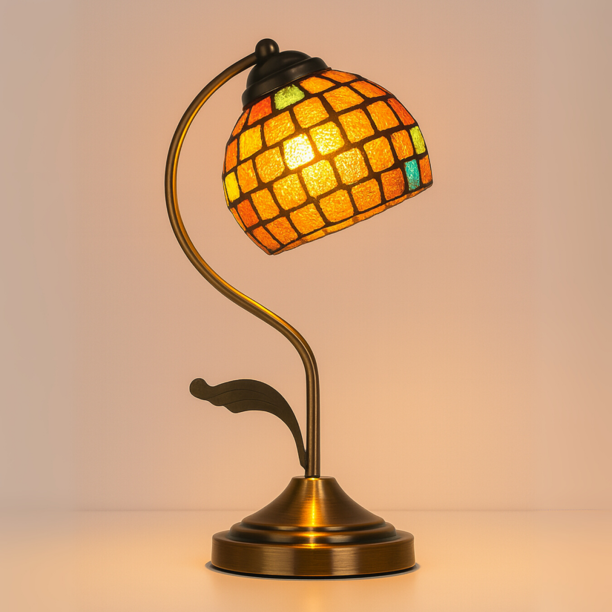 Retro mosaic glass table lamp, vibrant colours with curved stand for unique home décor