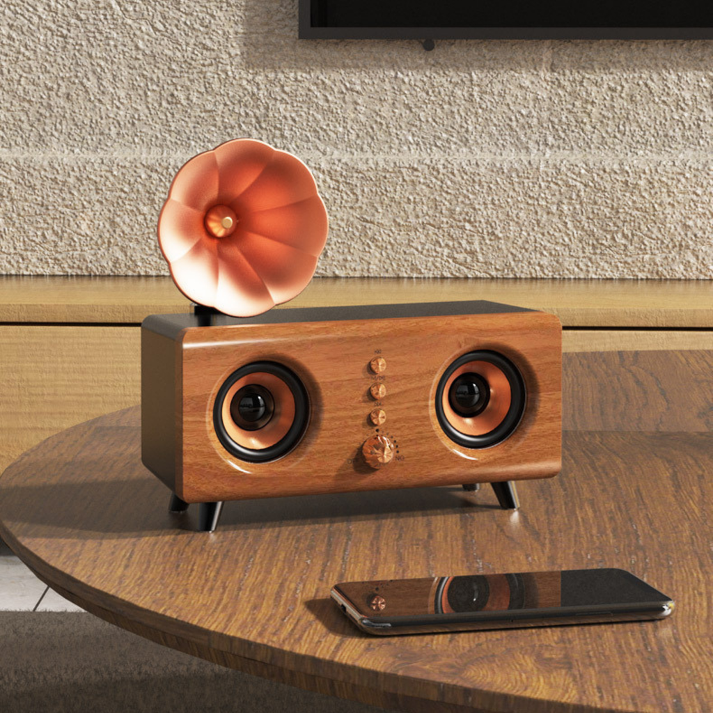 Decorative vintage Bluetooth speaker with gramophone horn and wooden design, perfect for living rooms, offices, or retro-style interiors