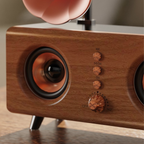 Classic gramophone-inspired Bluetooth speaker featuring a polished wooden frame, dual speakers, and elegant copper horn for a nostalgic touch