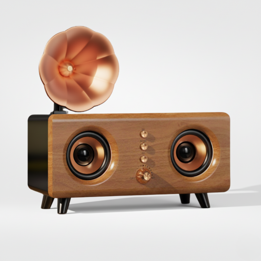 Vintage gramophone-style Bluetooth speaker with wooden body, dual front speakers, and copper horn design, combining retro aesthetics with modern wireless sound for stylish home décor
