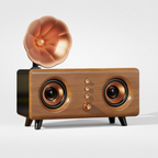 Vintage gramophone-style Bluetooth speaker with wooden body, dual front speakers, and copper horn design, combining retro aesthetics with modern wireless sound for stylish home décor