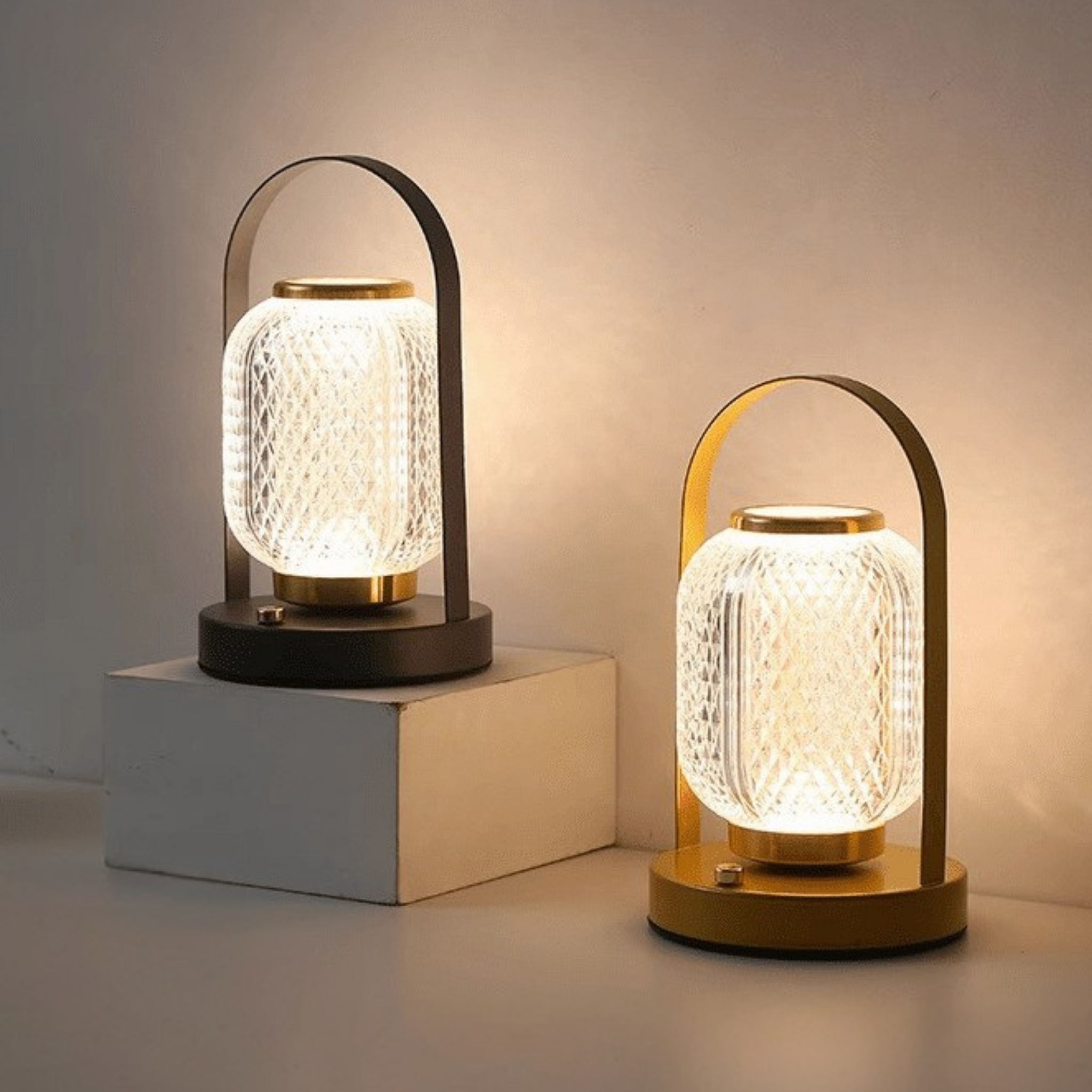 Modern rechargeable LED lamp with black base and golden accents, ideal for home décor
