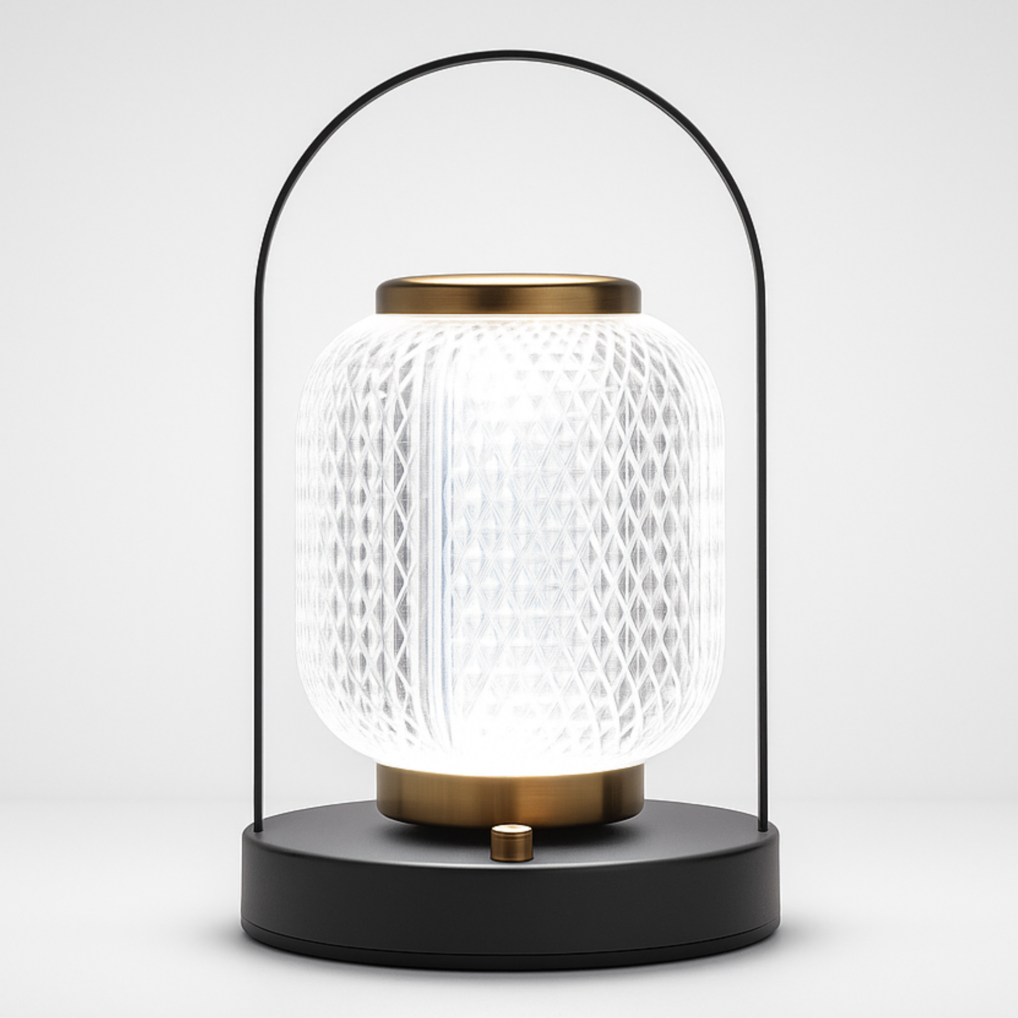 Portable lantern-style LED lamp with textured glass shade, adjustable warm or cool glow