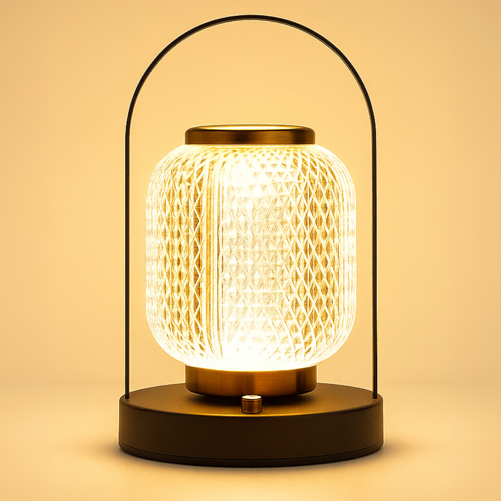 Glass lantern-inspired LED light, versatile for bedside tables, desks, or mood lighting