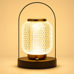 Glass lantern-inspired LED light, versatile for bedside tables, desks, or mood lighting