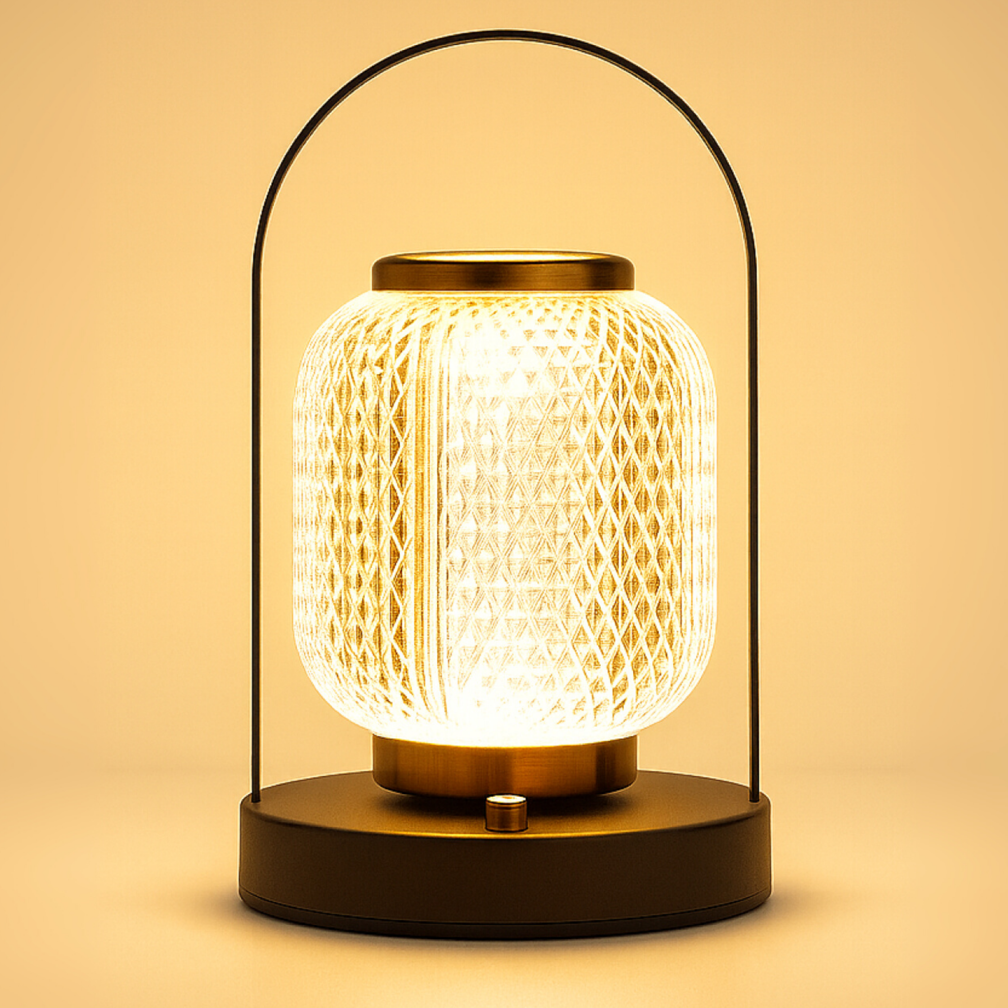 Glass lantern-inspired LED light, versatile for bedside tables, desks, or mood lighting