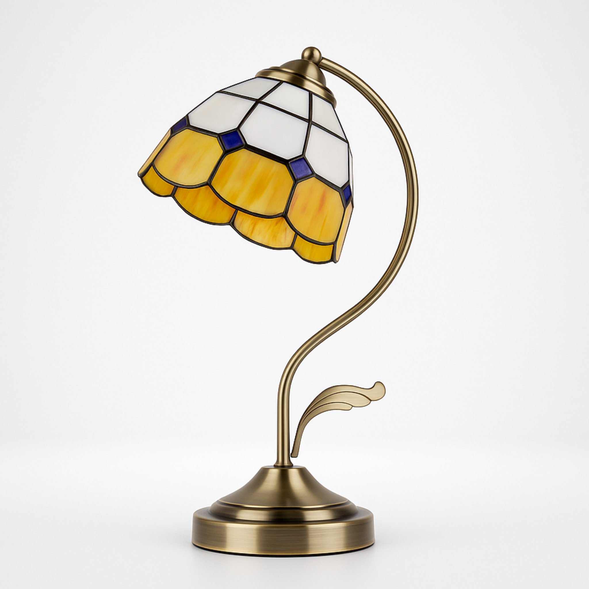 Tiffany lamp with stained glass in soft yellow and white, bronze base, retro lighting