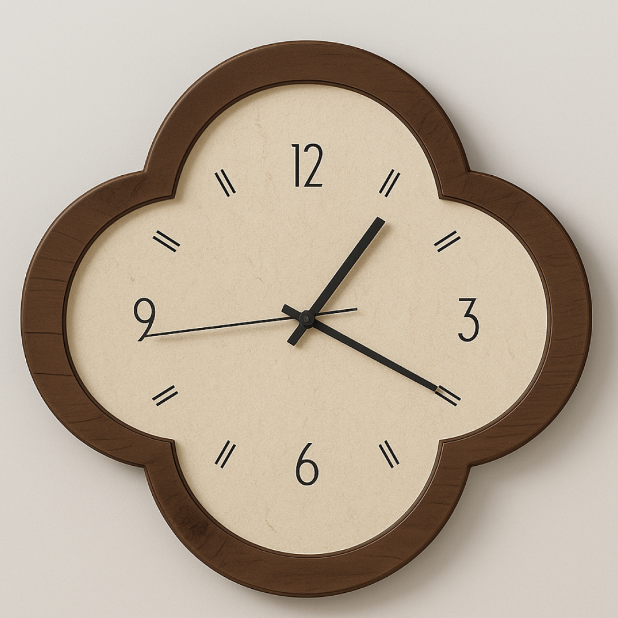 Clover design retro wall clock in wood and cream, stylish decorative timepiece for UK homes