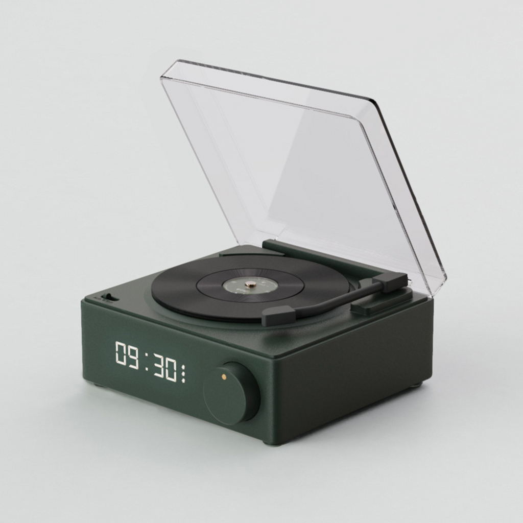 Green gramophone-style Bluetooth speaker with wooden details and copper horn, retro wireless sound system for stylish interiors