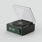 Green gramophone-style Bluetooth speaker with wooden details and copper horn, retro wireless sound system for stylish interiors