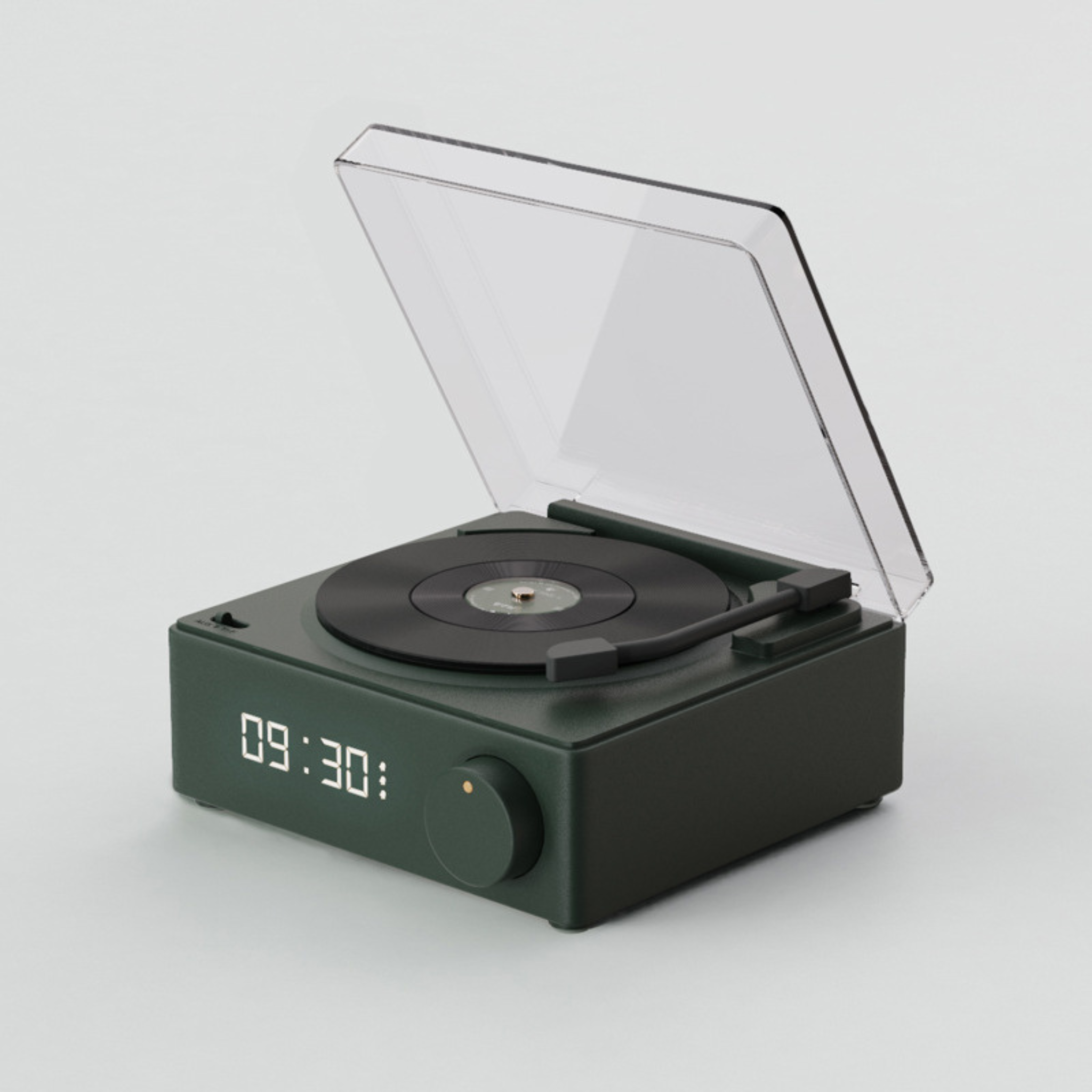 Green gramophone-style Bluetooth speaker with wooden details and copper horn, retro wireless sound system for stylish interiors