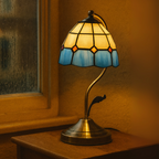 White and blue stained glass lamp, Tiffany-inspired design for living rooms or bedrooms