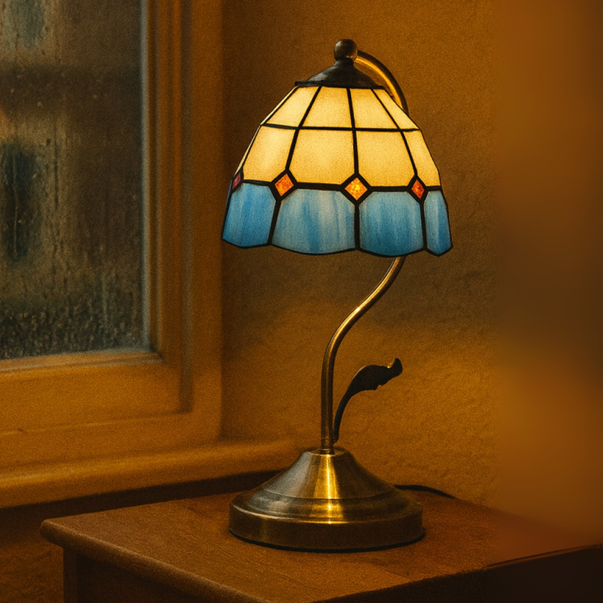 White and blue stained glass lamp, Tiffany-inspired design for living rooms or bedrooms