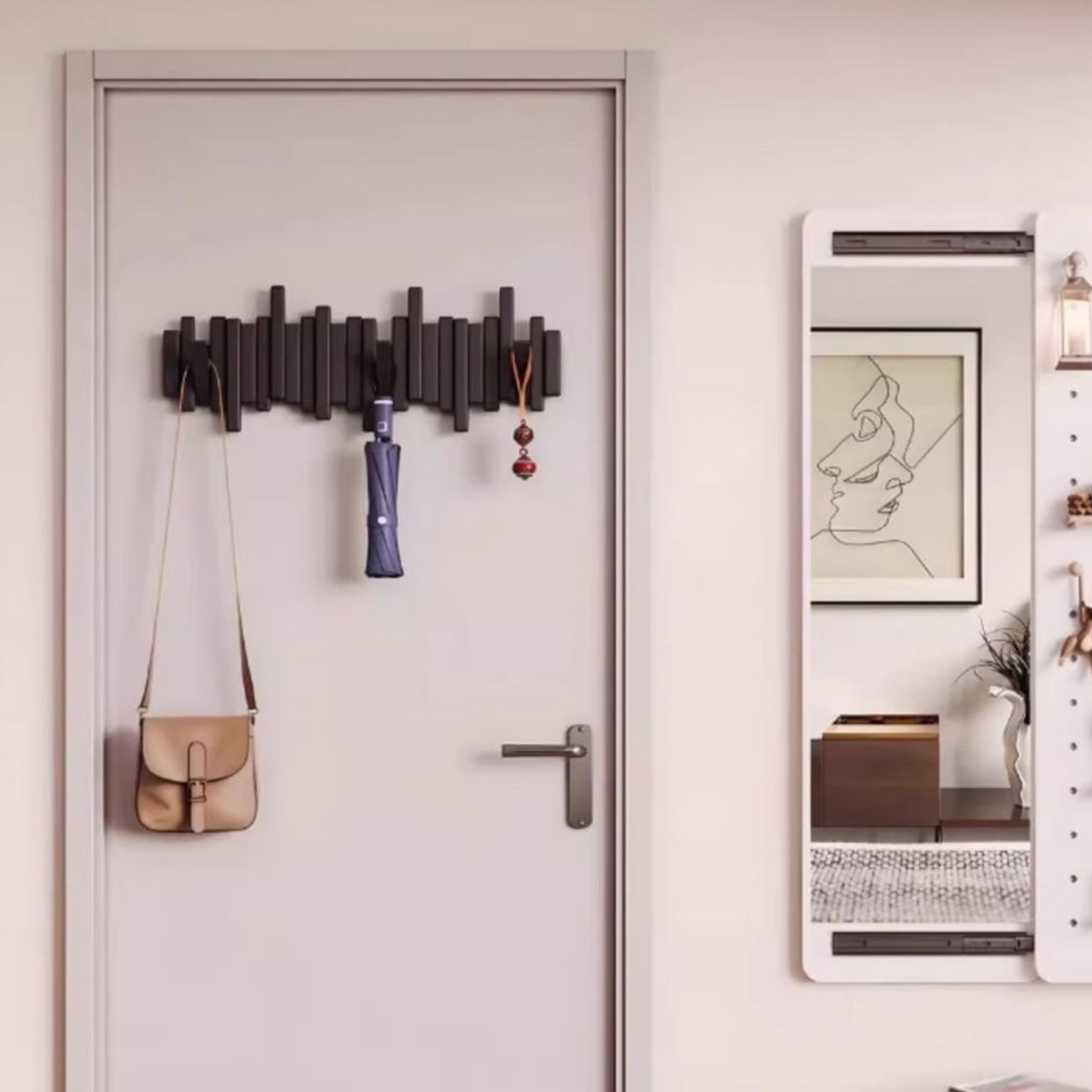 Modern wooden wall-mounted coat hooks with foldable pegs, minimalist Scandinavian design, ideal for hanging jackets, bags, and keys in entryways or bedrooms