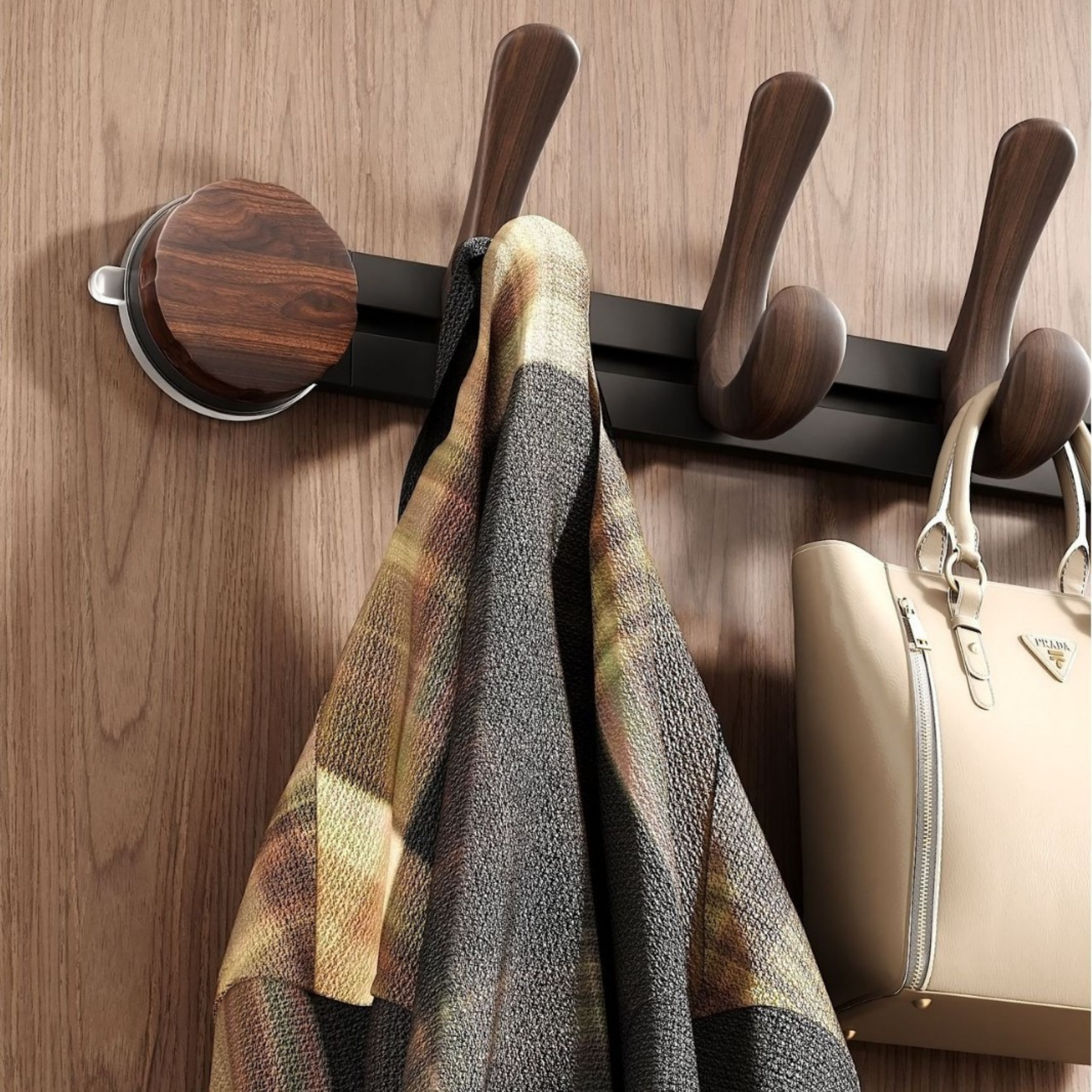 Aalto Curve Suction Hook Rack installed in hallway — minimalist dark wood design adds warmth and functionality, KaShi Living