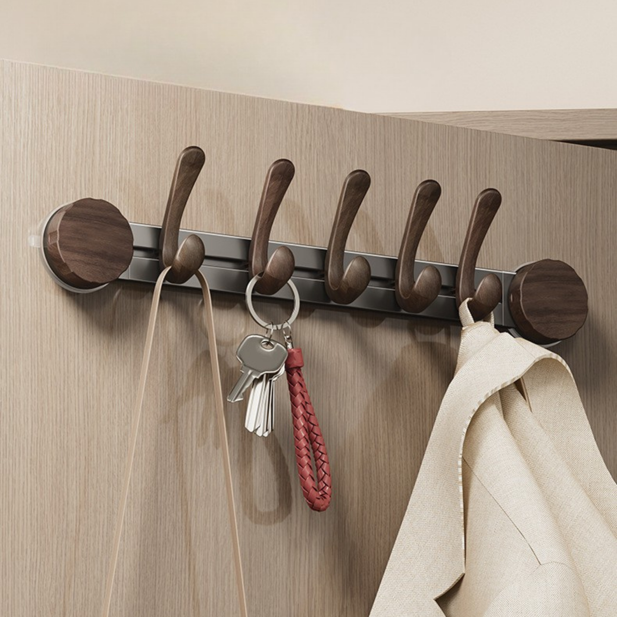 Aalto Curve Suction Hook Rack by KaShi Living — modern walnut finish with curved hooks and strong suction hold, ideal for coats and bags