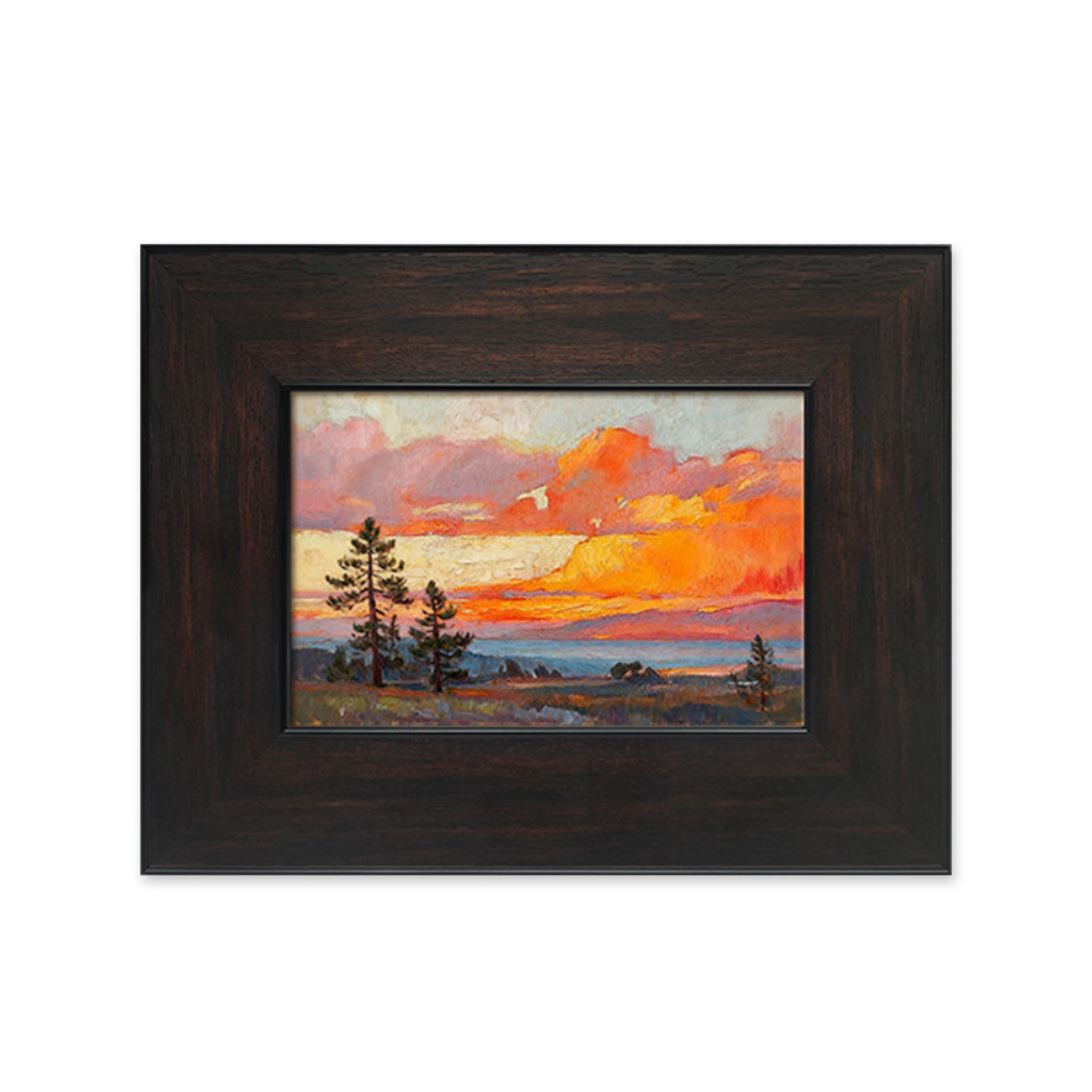 Amber Pines Framed Wall Art is a warm sunset landscape wall art piece for UK living rooms, bedrooms, hallways and cosy gallery walls.