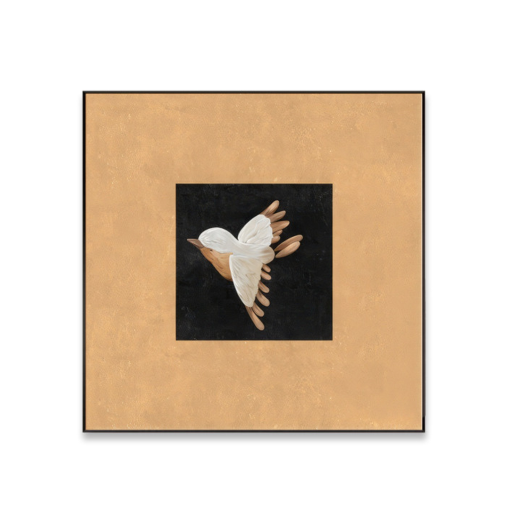 Aurelia Flight framed bird wall art with warm neutral tones and black centre detail by KaShi Living.