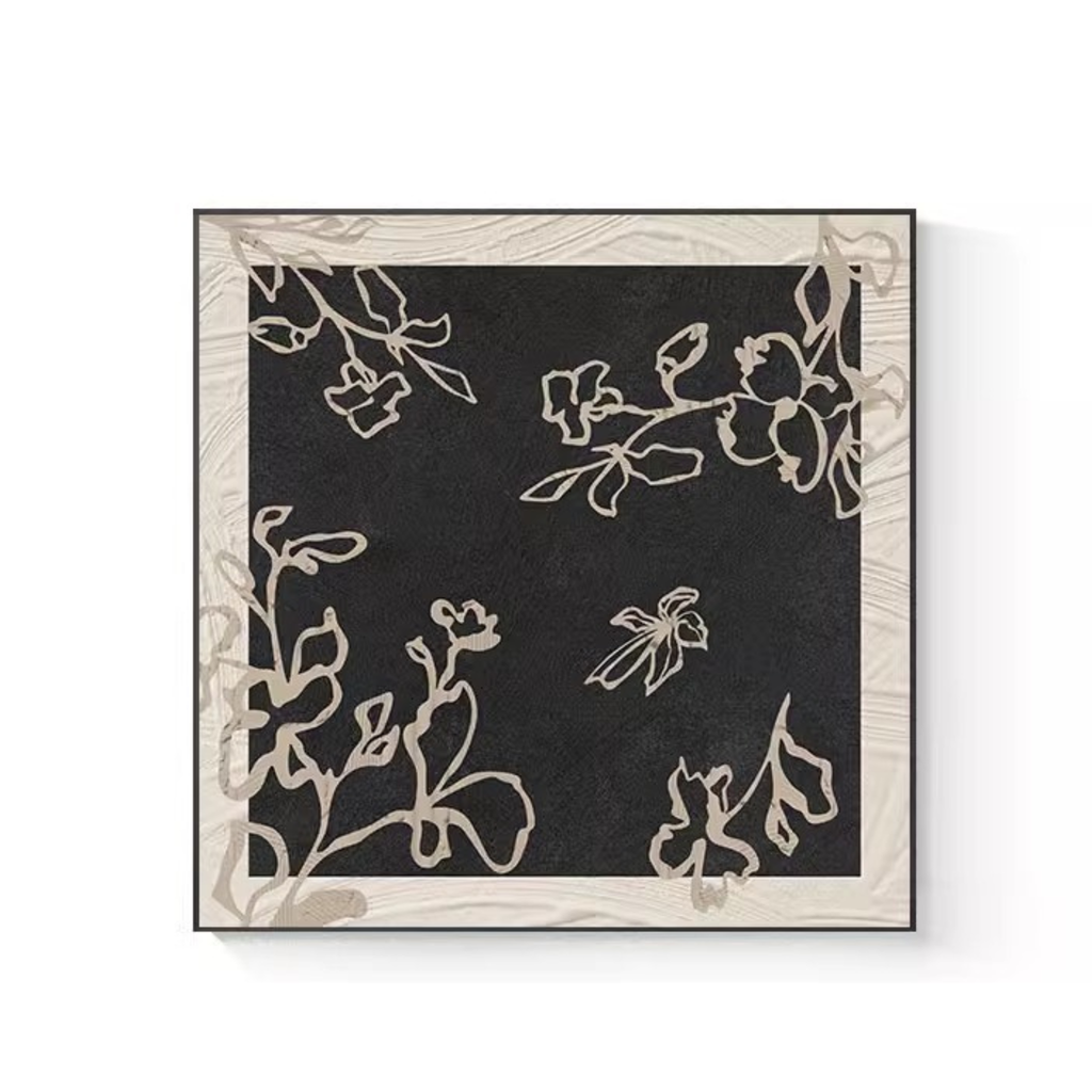 A black and neutral floral framed wall art piece for UK living rooms, bedrooms, hallways and calm gallery wall styling.