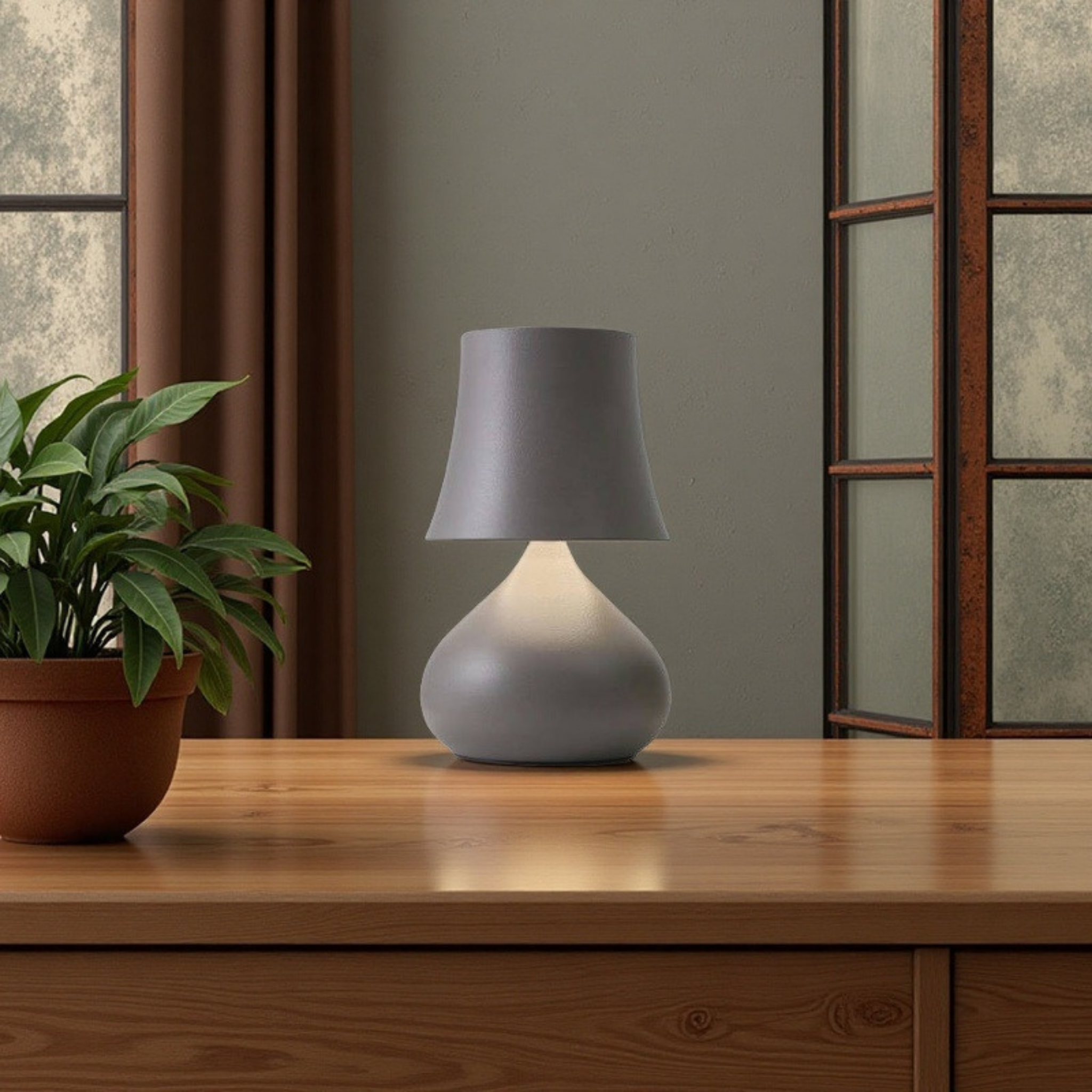 Clementine Glow Lamp in Grey — contemporary matte design with soft light, styled on wooden surface for serene home interiors by KaShi Living