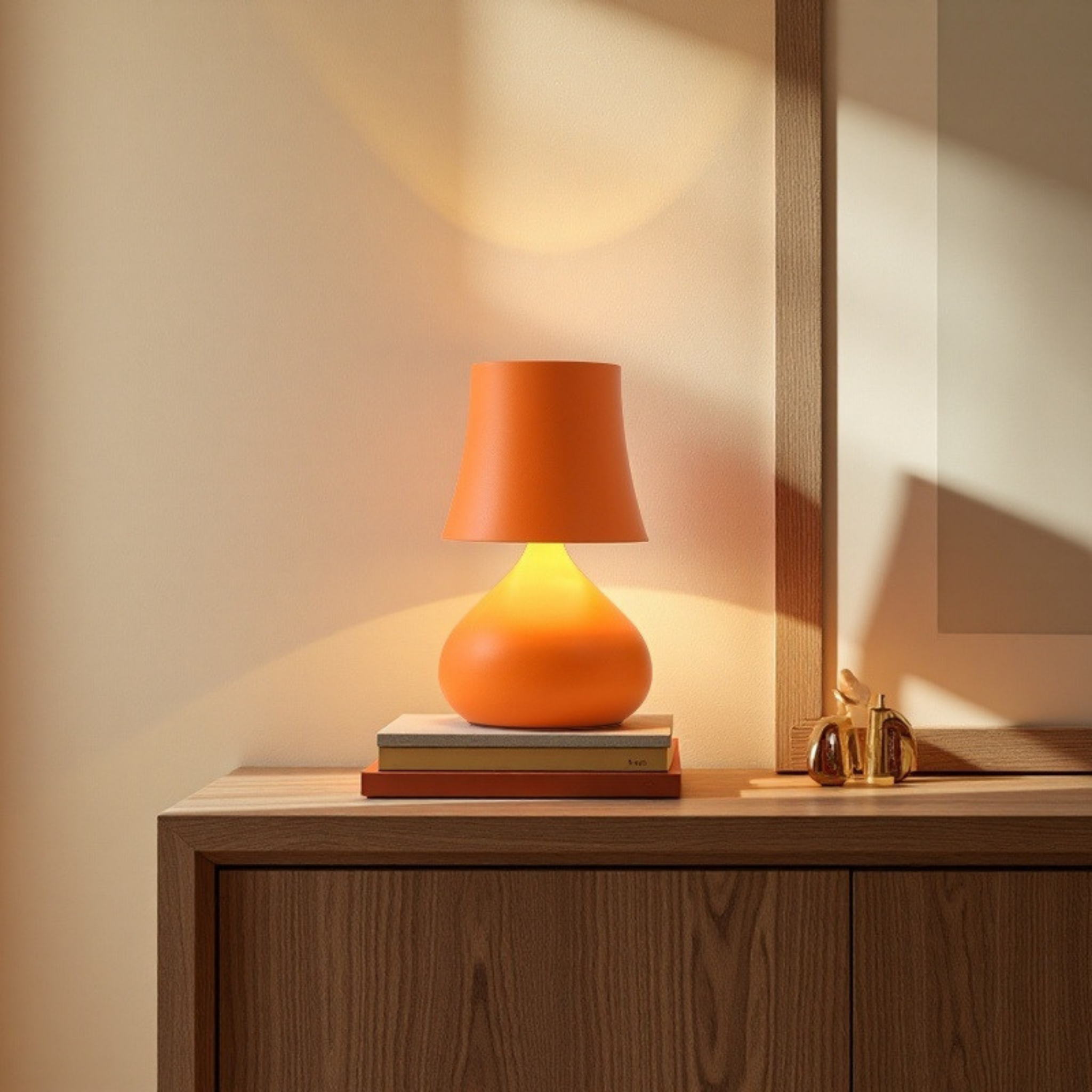 Clementine Glow Lamp in Orange — soft ambient lighting with matte finish, modern bedside lamp styled on a wooden cabinet, KaShi Living décor
