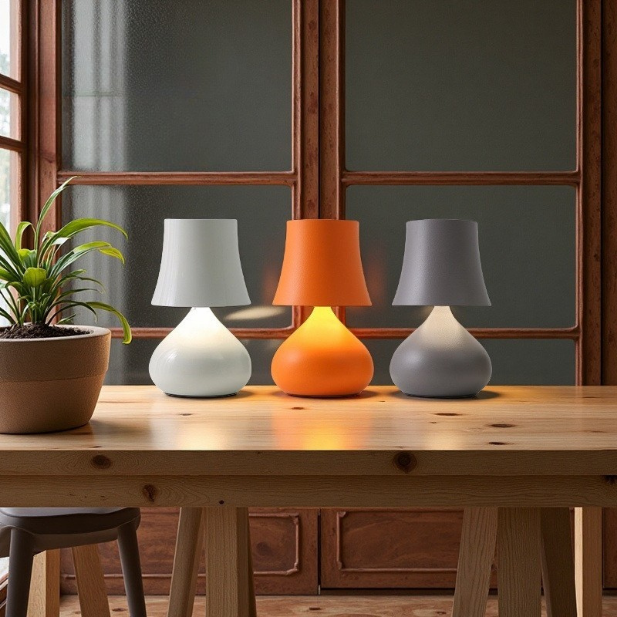 Clementine Glow Lamp collection by KaShi Living — modern matte table lamps in white, orange, and grey, displayed on a wooden table for a warm minimalist look