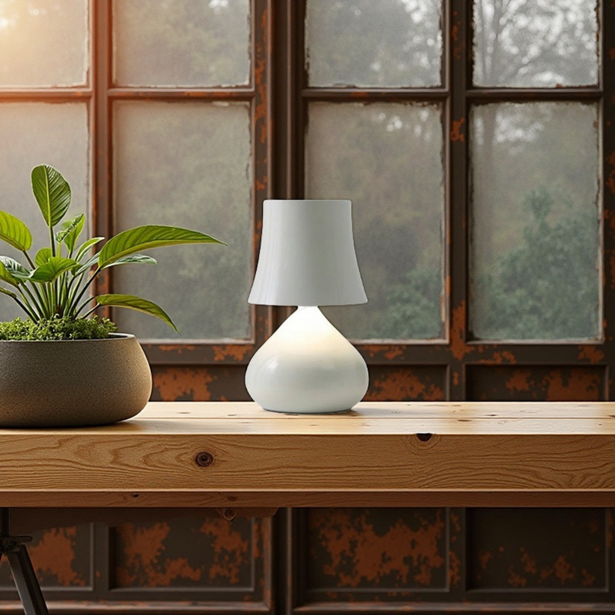 Clementine Glow Lamp in White — minimalist matte ceramic-style table lamp creating a cosy glow beside indoor plants, KaShi Living modern décor