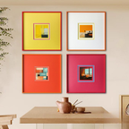 A colourful framed wall art collection featuring abstract, architectural and window-inspired designs for UK bedrooms, living rooms, hallways and gallery walls.