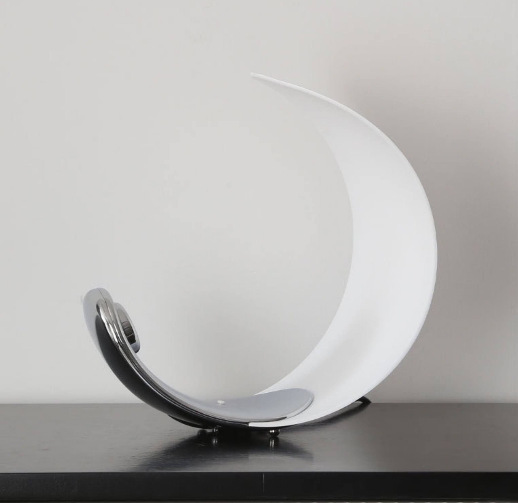 Eclipse Arc Lamp — elegant curved silhouette in matte white and chrome finish, a statement accent for desks or side tables, KaShi Living